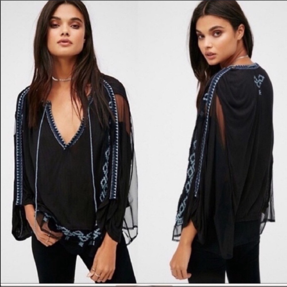 Free People Eden Black Sheer Embroidered Lace Up Neck Boho Top OB526456 Size XS